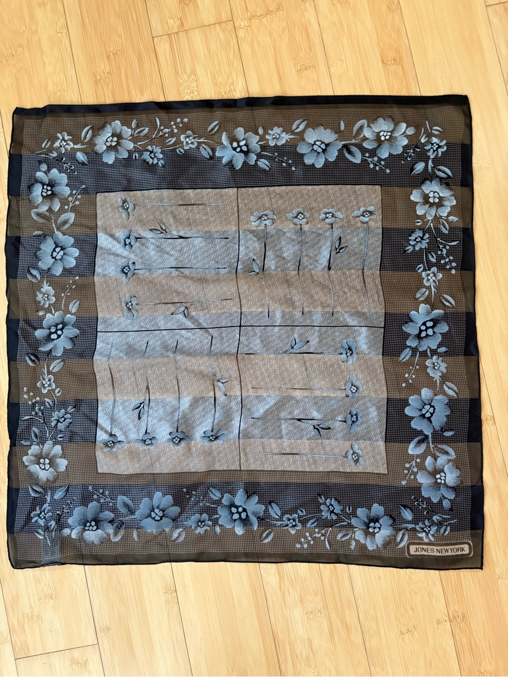 Jones New York Black and Blue Floral Border Silk Scarf